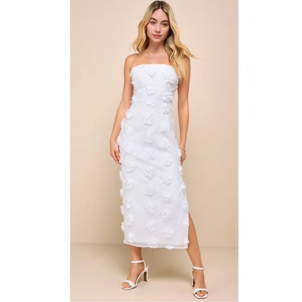 Lulus White Rosette 3D Applique Strapless Midi Dress Size Small New with‎ tags!